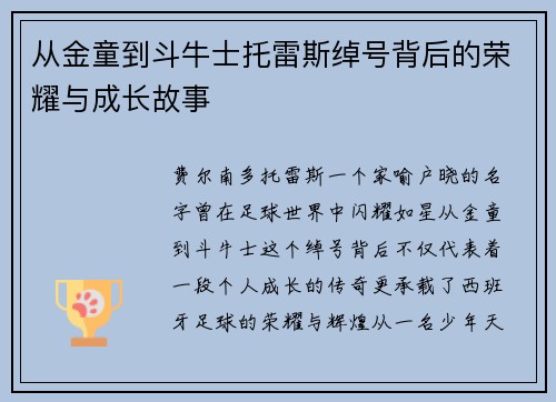 从金童到斗牛士托雷斯绰号背后的荣耀与成长故事 从金童到斗牛士托雷斯绰号背后的荣耀与成长故事
